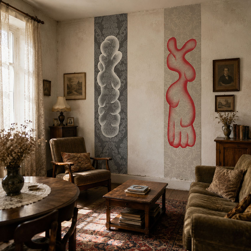 Against a background of #2 — The wallpaper is no longer a backdrop, but a stage. Œuvre de Rubin Plummer.