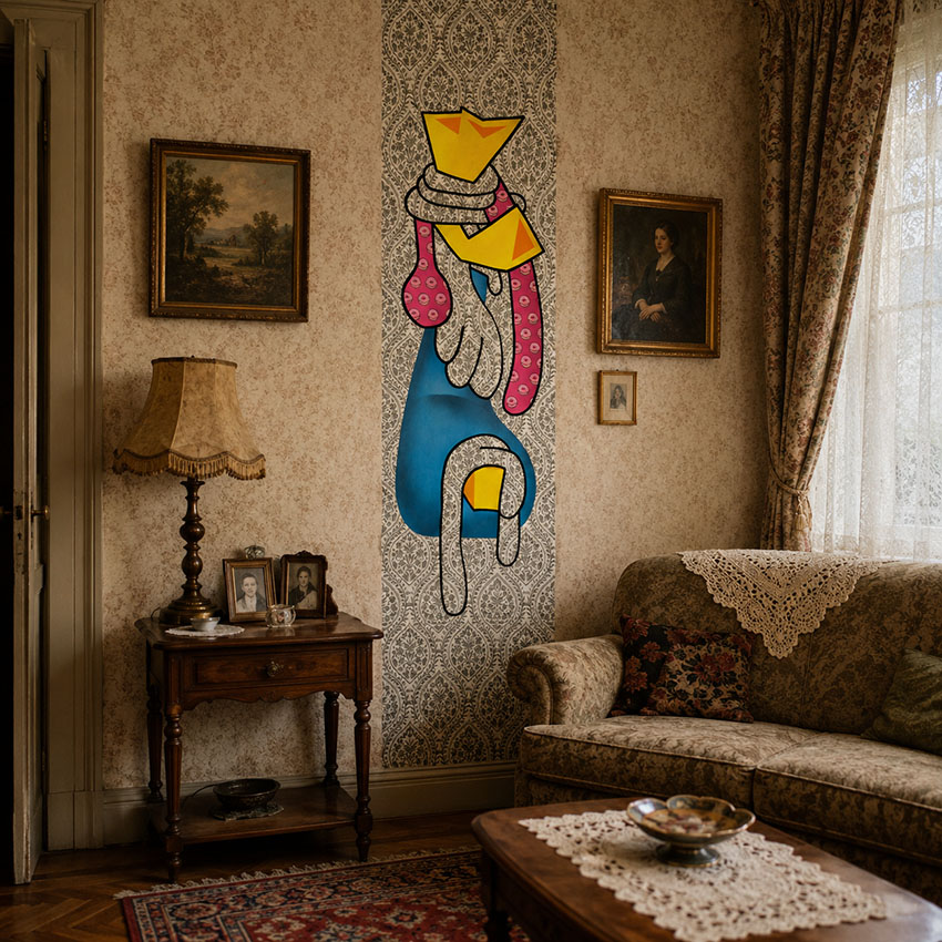 Against a background of #4 — The wallpaper is no longer a backdrop, but a stage. Œuvre de Rubin Plummer.