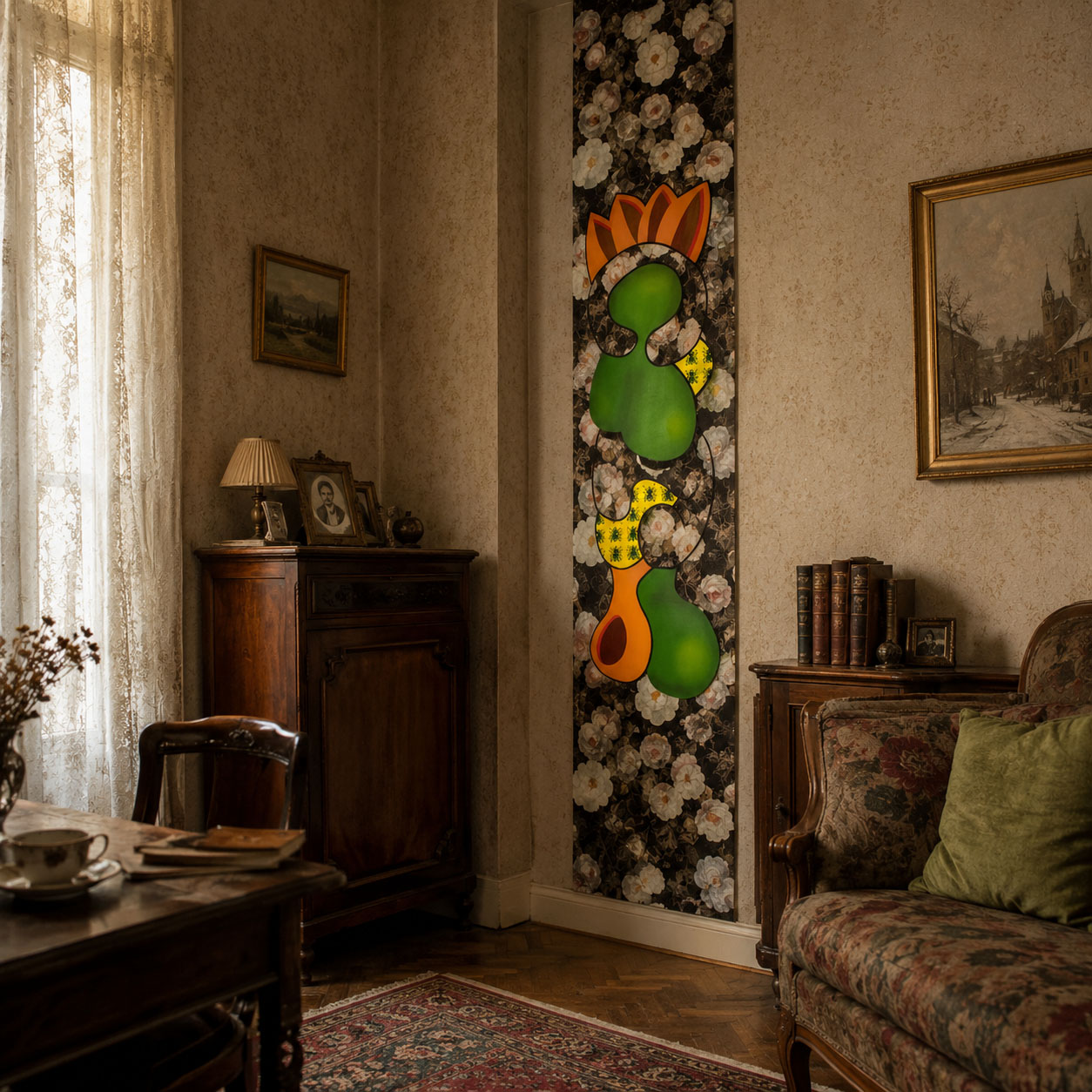 Against a background of #5 — The wallpaper is no longer a backdrop, but a stage. Œuvre de Rubin Plummer.