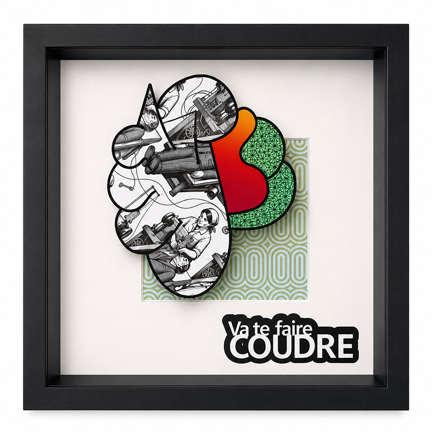 Coudre — Pièce unique · technique mixte · 25 × 25 cm · cadre noir — œuvre de Rubin Plummer