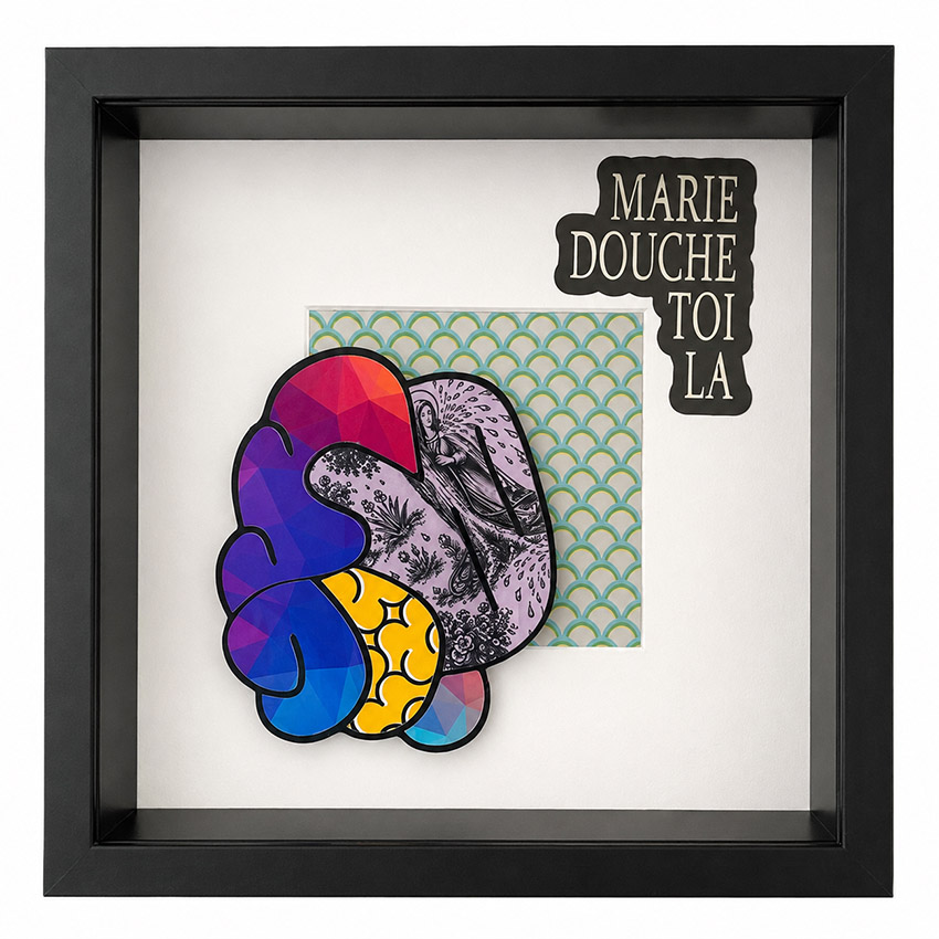 Essui — Pièce unique · technique mixte · 25 × 25 cm · cadre noir — œuvre de Rubin Plummer