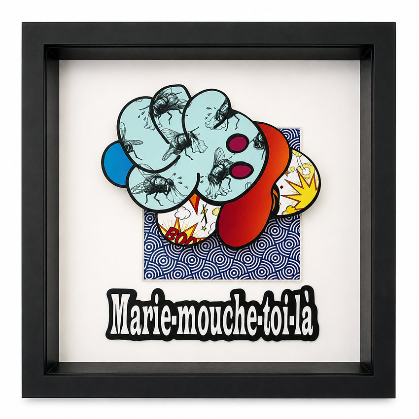 Marie-mouche — Pièce unique · technique mixte · 25 × 25 cm · cadre noir — œuvre de Rubin Plummer