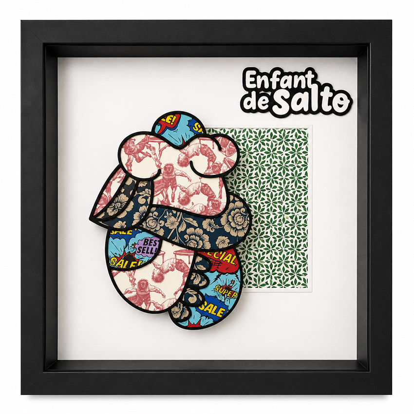 Salto — Pièce unique · technique mixte · 25 × 25 cm · cadre noir — œuvre de Rubin Plummer